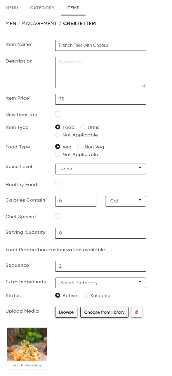 create digital menu food item