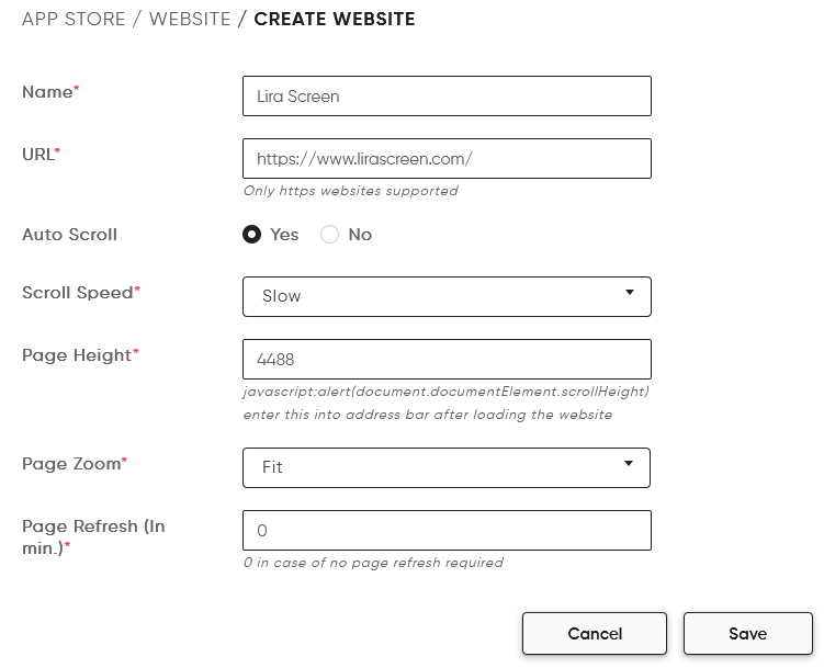 webscroll app setup for digital signage