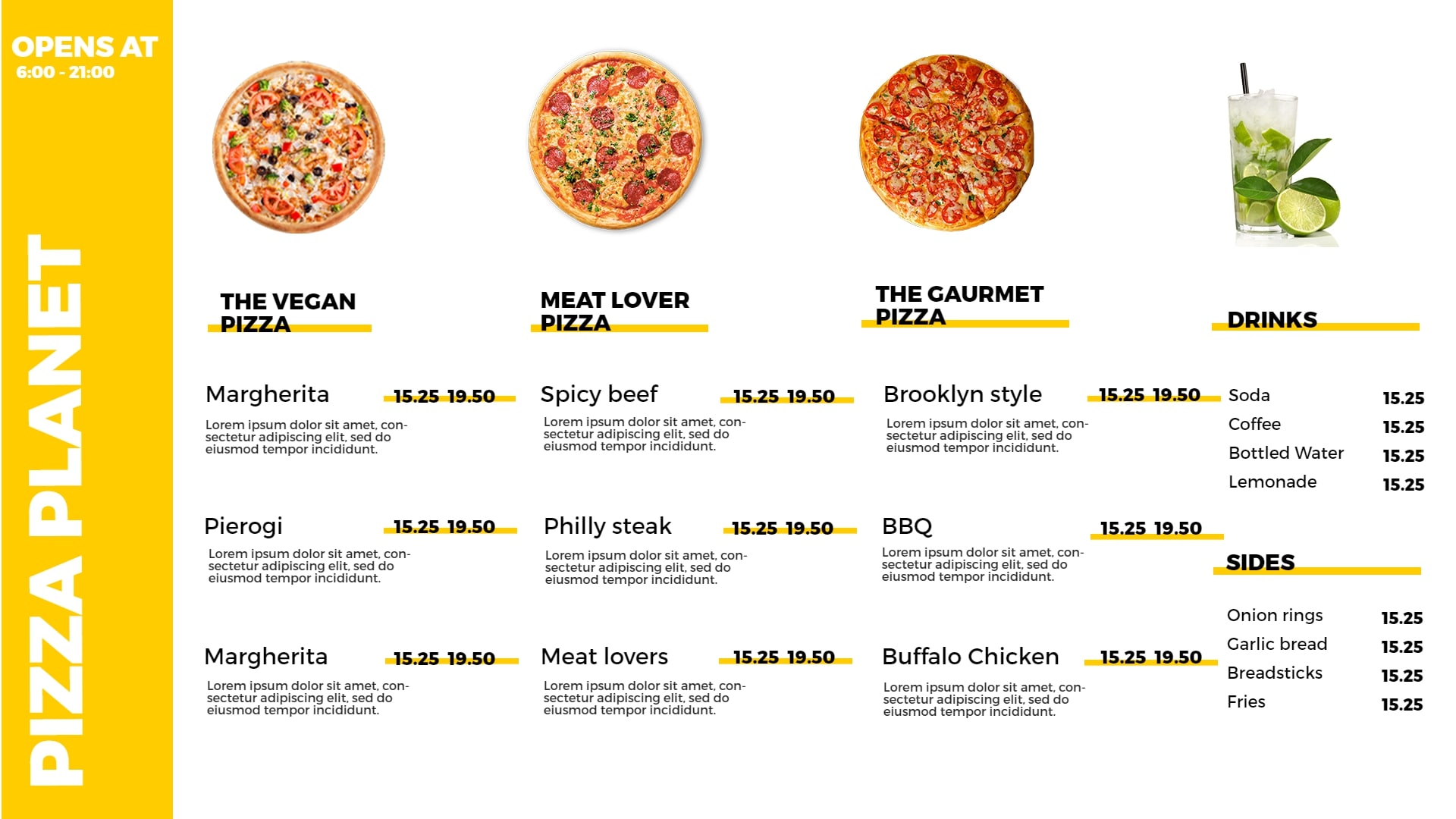 pizza menu screen display