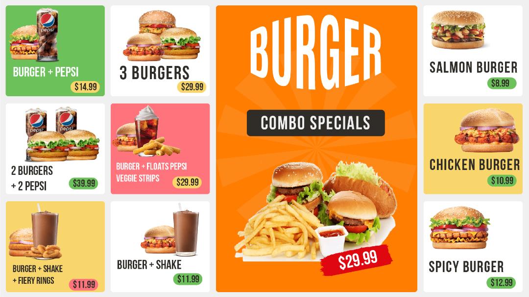 burger combo tv screen menu